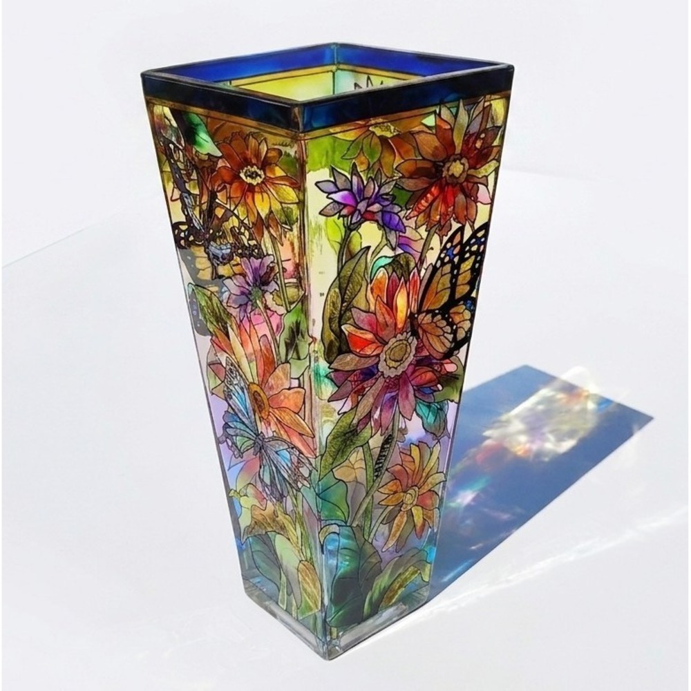 AMIA Stained Glass Vase 10" Monarch Butterfly Daisy Floral Art #9687 Spring READ